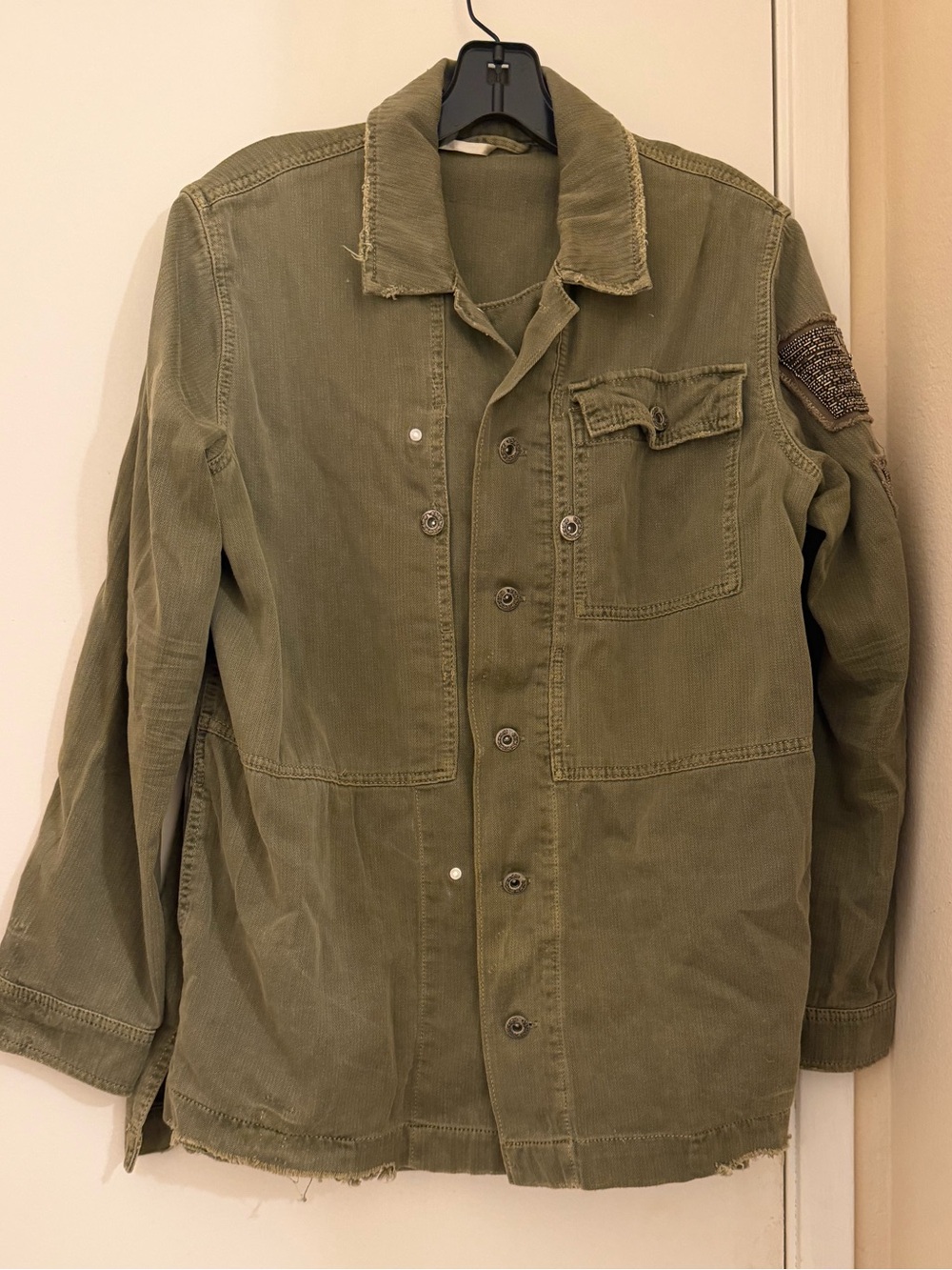 Free People Distressed Olive Green Military Shacket with arm appliqué size small